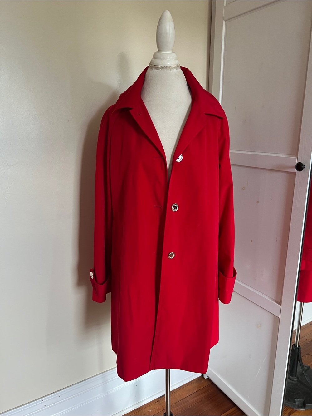 Calvin Klein Bright Red Hooded Trench Coat Mid-Length Raincoat Women Size M